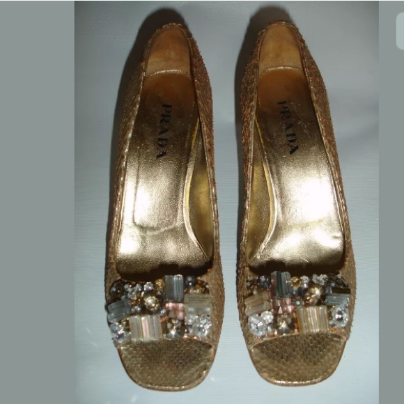 Prada Gold Metallic Python Open Toe Heels Size 37 - Picture 8 of 8